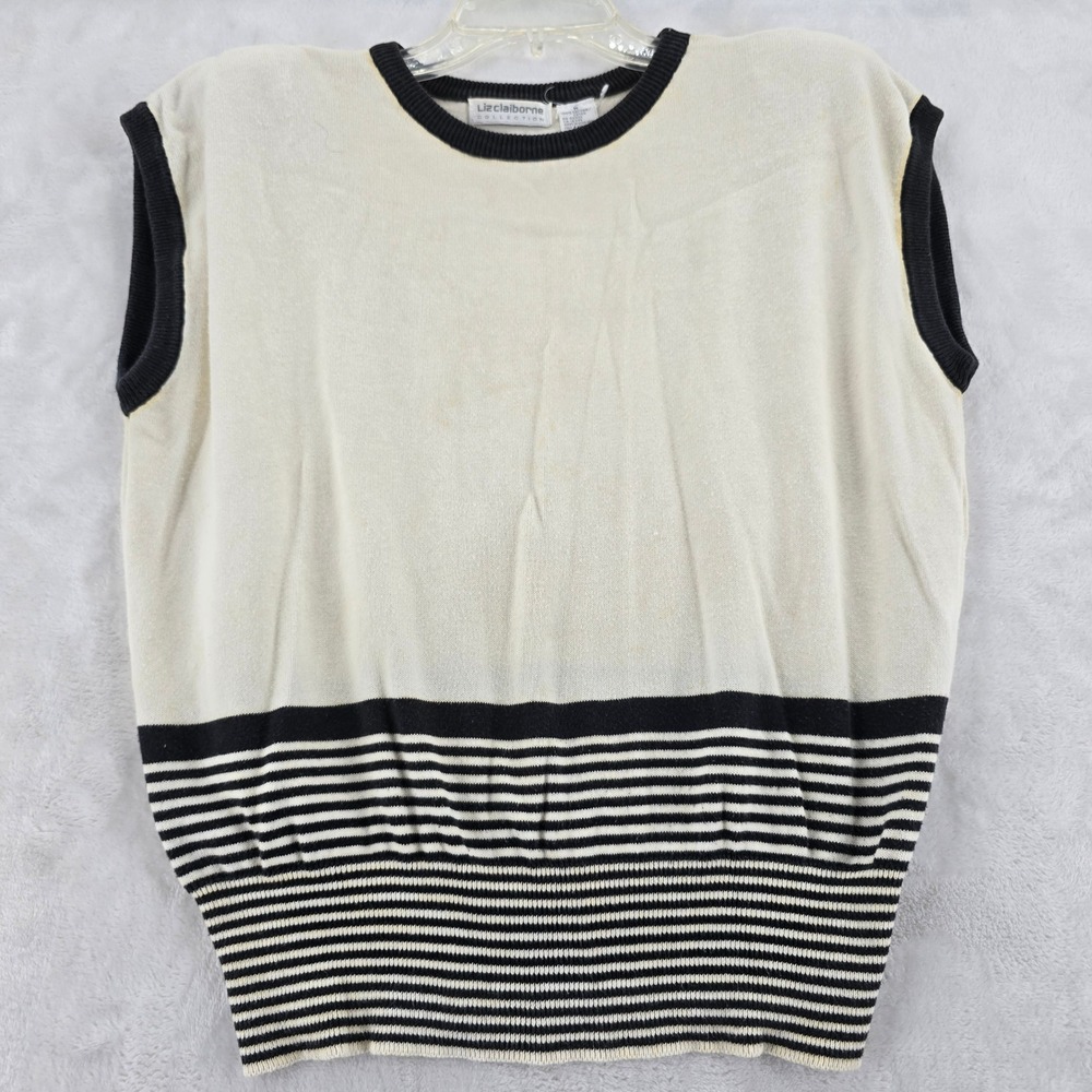 Liz Claiborne Collection Sweater Vest M Striped Knit Sleeveless Cotton Cream